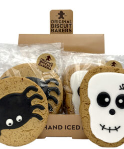 Original Biscuit Bakers Halloween shelf dispenser filled with individually wrapped hand-iced gingerbread spider and skull biscuits.