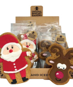 Original Biscuit Bakers hand iced Santa and Reindeer gingerbread biscuits in shelf dispenser
