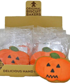 Original Biscuit Bakers hand iced pumpkin biscuits in a shelf dispenser case
