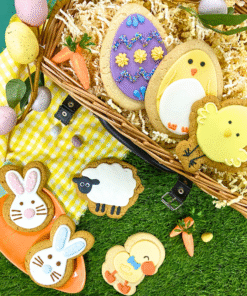 Assorted hand‑iced Easter biscuits including bunnies, chick, sheep and decorated eggs, displayed in and around a wicker basket with spring decorations.