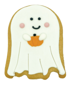 Halloween ghost sugar cookie biscuit from Original Biscuit Bakers with white sugarpaste icing, smiling face and pumpkin decoration, handmade for autumn gifting, trick-or-treat treats and Halloween parties.