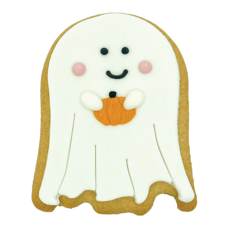 Halloween ghost sugar cookie biscuit from Original Biscuit Bakers with white sugarpaste icing, smiling face and pumpkin decoration, handmade for autumn gifting, trick-or-treat treats and Halloween parties.
