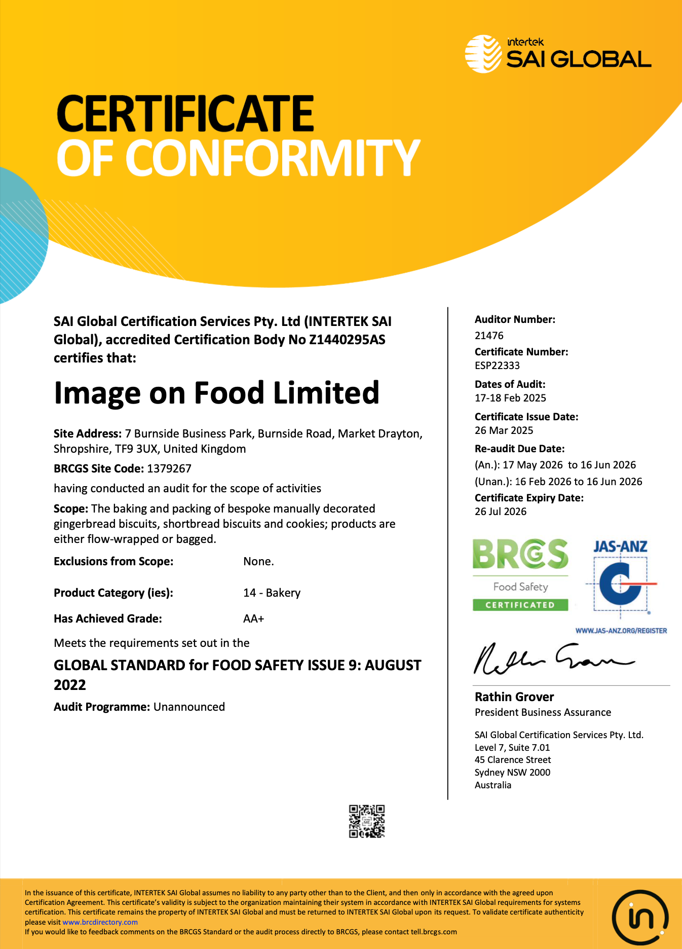 Image On Food BRCGS Certificate February 2025