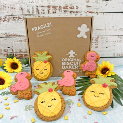 Original Biscuit Bakers' Tropical Party pack (featuring flamingos and pineapples).