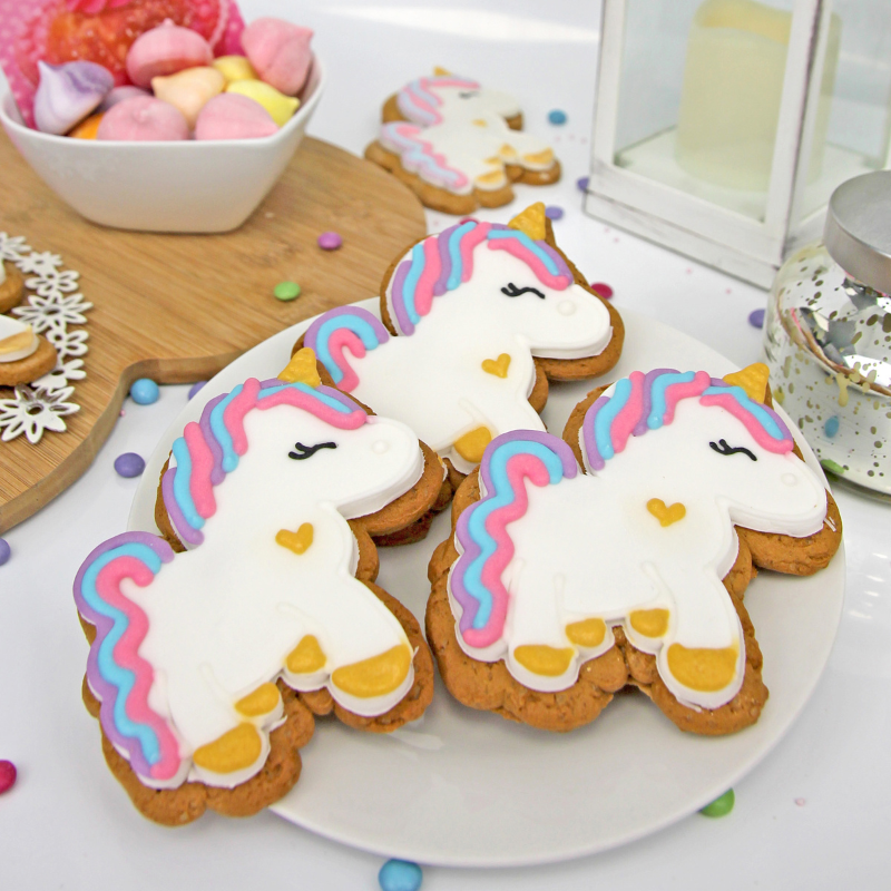 Original Biscuit Baker unicorn biscuits on a party plate