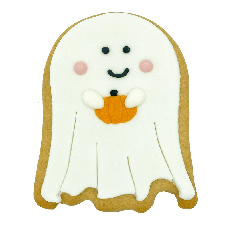Original Biscuit Bakers hand-iced ghost sugar cookie biscuit holding pumpkin.