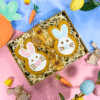 Easter gift box with two hand‑iced gingerbread bunny biscuits in pink and blue, displayed on colourful spring background.
