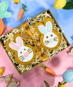 Easter gift box with two hand‑iced gingerbread bunny biscuits in pink and blue, displayed on colourful spring background.