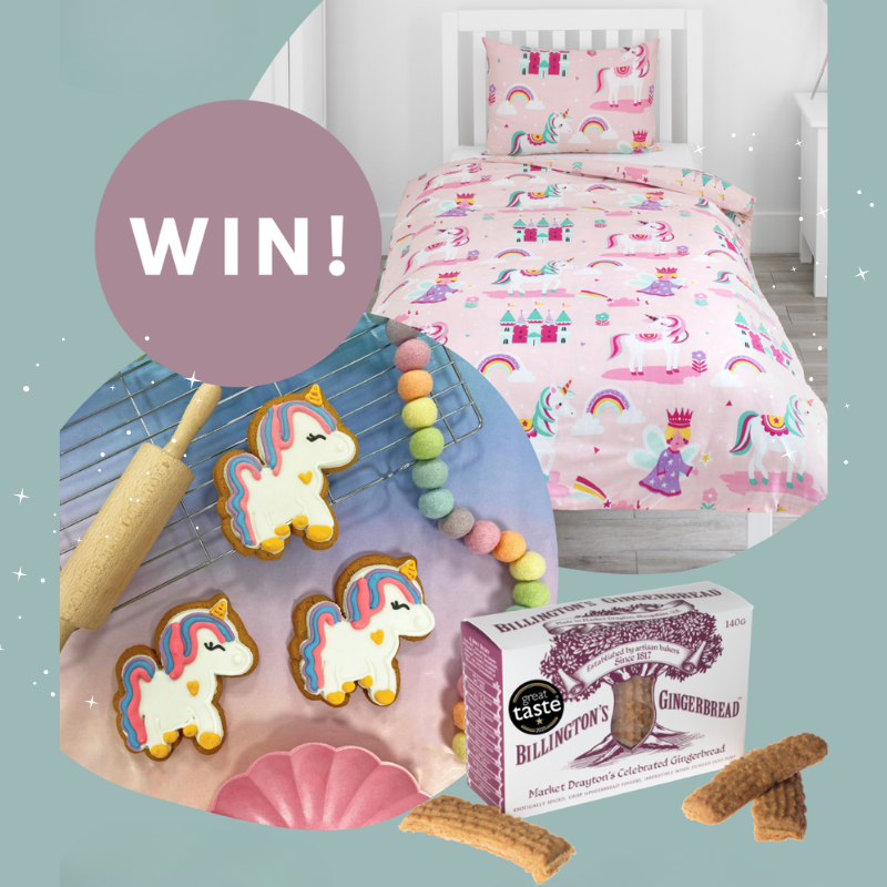 Pink unicorn children’s bedding set displayed on a single bed, alongside unicorn‑shaped iced gingerbread biscuits, and a box of Billington’s gingerbread biscuits.