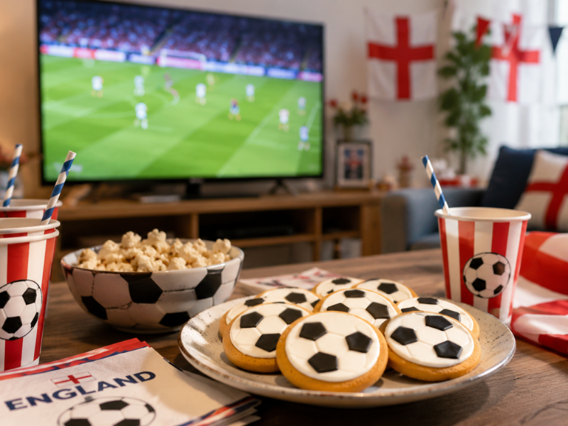 World Cup home party theme featuring football hand iced biscuits