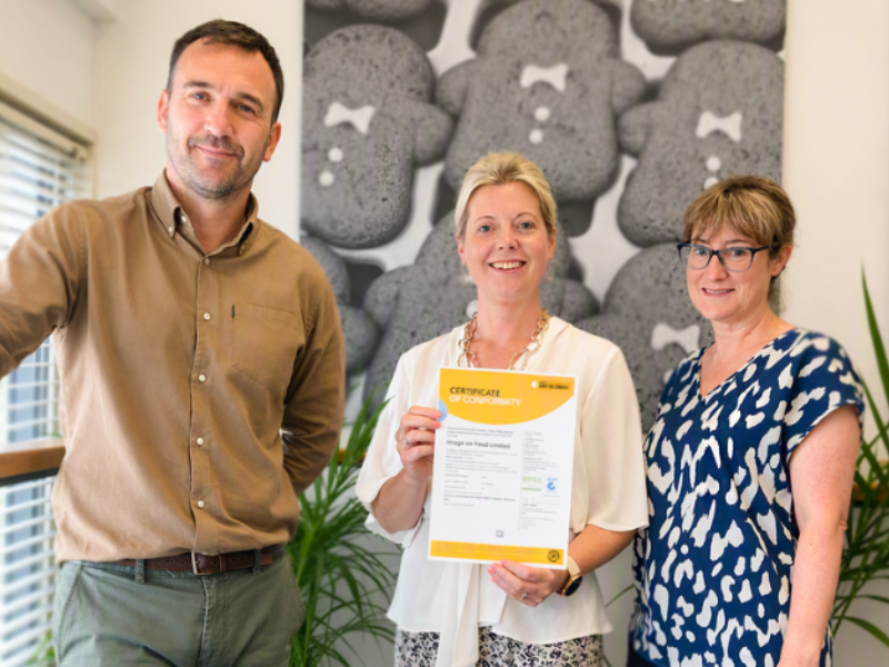 Team members from Image on Food (L to R): Anthony Munt, Operations Manager; Gemma Williams, Managing Director and Becky Baxter, Technical Manager – proudly holding the company’s BRCGS certificate.