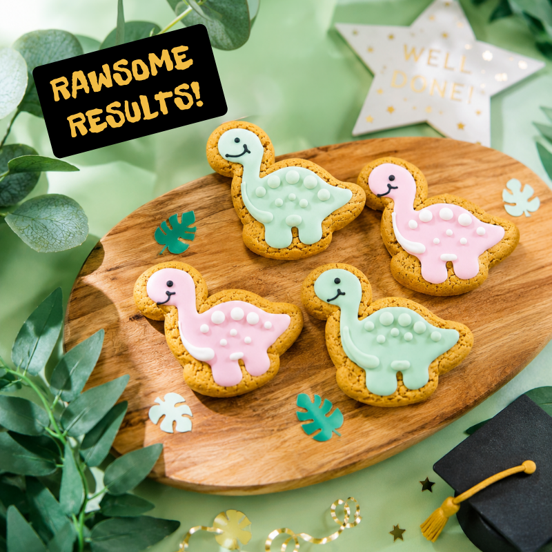 Hand-iced dinosaur biscuits on a wooden serving board with "Rawrsome Results" sign, perfect as exam celebration biscuits and results day gifts.