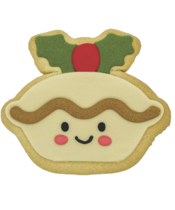 Hand-iced mince pie sugar cookie biscuit decorated with festive holly leaves and red berry icing.