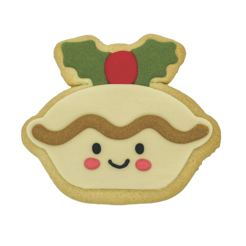Hand-iced mince pie sugar cookie biscuit decorated with festive holly leaves and red berry icing.
